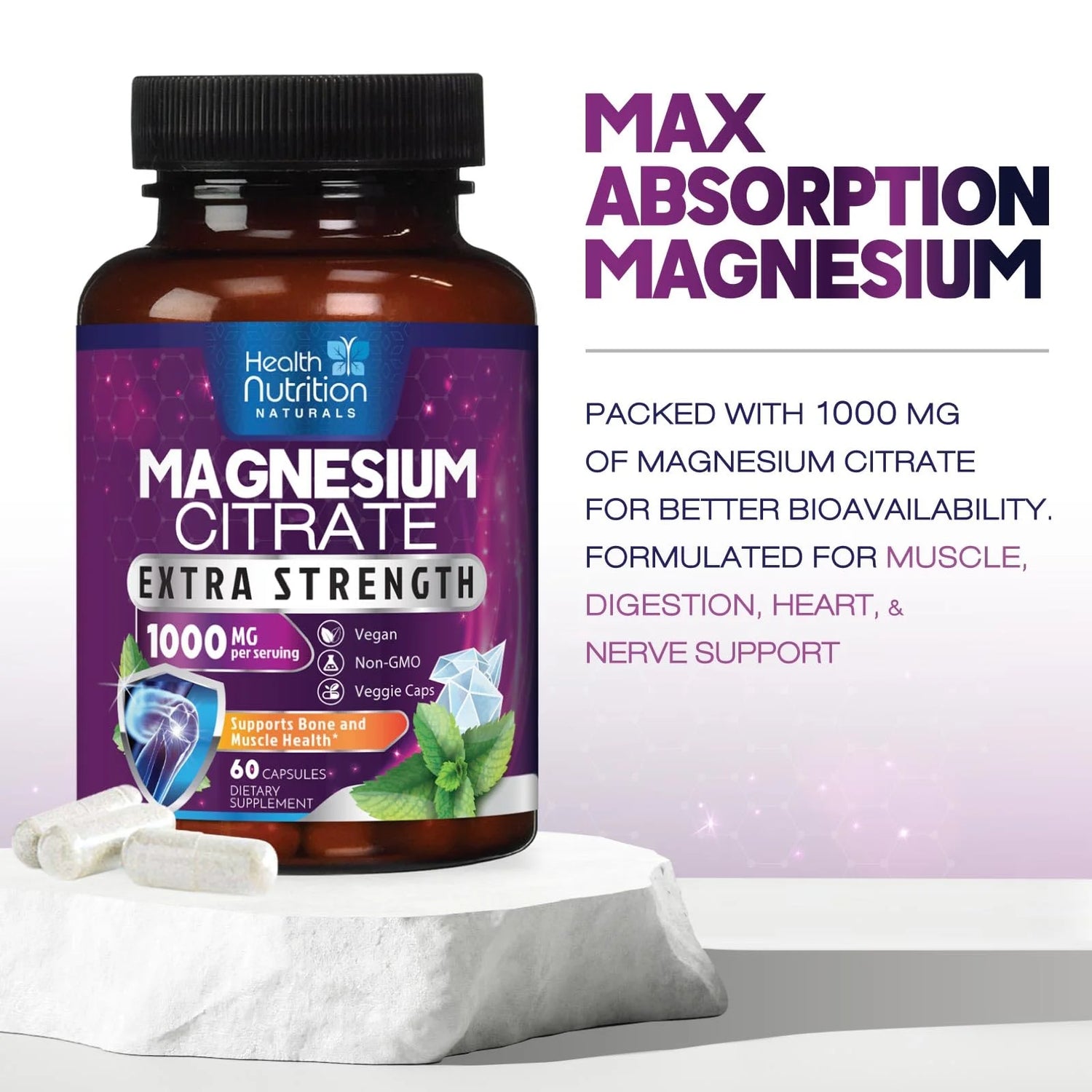 Magnesium Citrate Capsules 1000Mg, Max Absorption Magnesium Powder for Muscle, Nerve, Bone & Heart Health Support, High Absorption Citrate Complex, Gluten Free, Non-Gmo, 60 Capsules