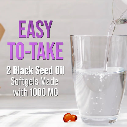 Black Seed Oil Capsules 1000Mg with Thymoquinone - Pure Nigella Sativa for Skin Health & Immune Support, 100% Blackseed Oil, Amazing Extraction above Cold Pressed Black Cumin Seed - 60 Softgels