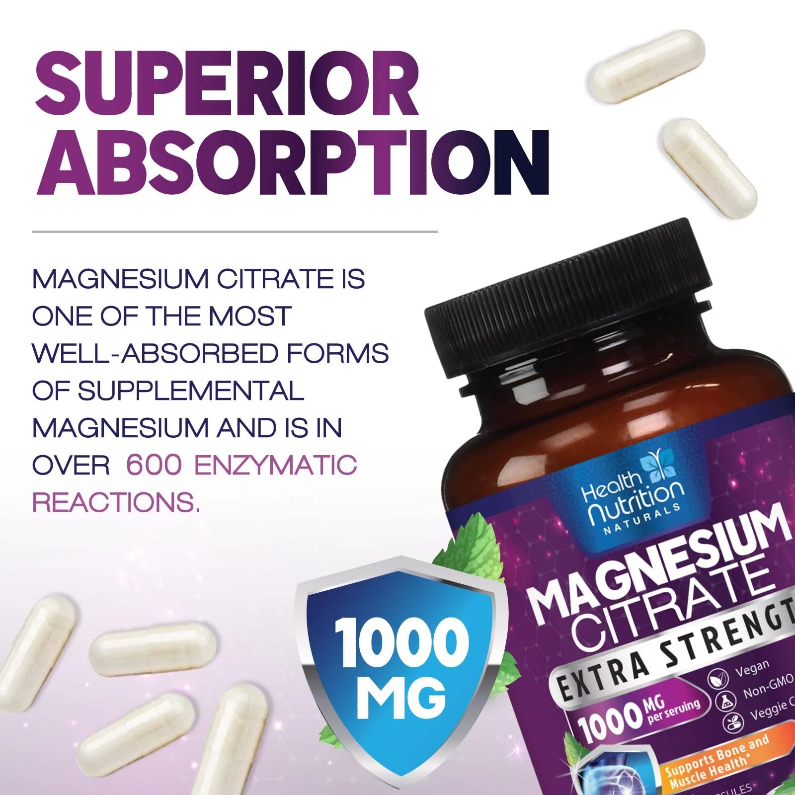 Magnesium Citrate Capsules 1000Mg, Max Absorption Magnesium Powder for Muscle, Nerve, Bone & Heart Health Support, High Absorption Citrate Complex, Gluten Free, Non-Gmo, 60 Capsules