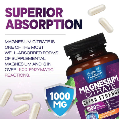 Magnesium Citrate Capsules 1000Mg, Max Absorption Magnesium Powder for Muscle, Nerve, Bone & Heart Health Support, High Absorption Citrate Complex, Gluten Free, Non-Gmo, 60 Capsules