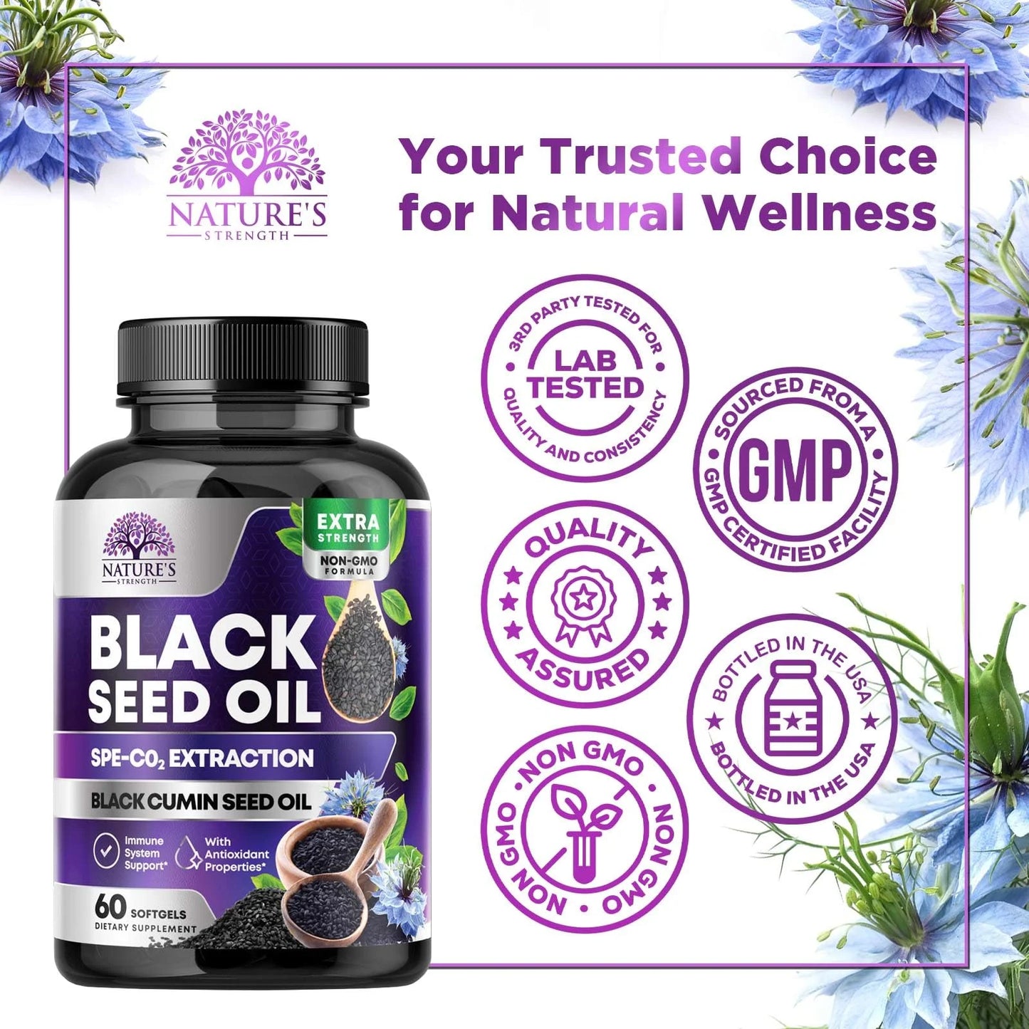 Black Seed Oil Capsules 1000Mg with Thymoquinone - Pure Nigella Sativa for Skin Health & Immune Support, 100% Blackseed Oil, Amazing Extraction above Cold Pressed Black Cumin Seed - 60 Softgels