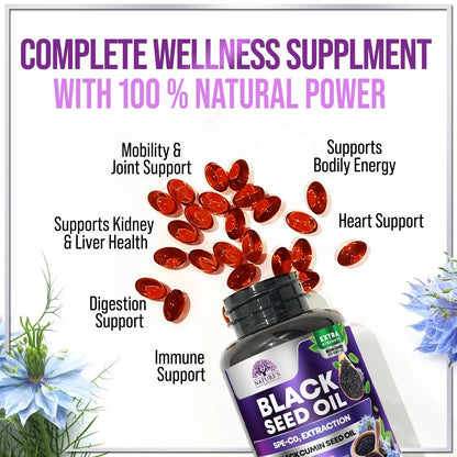 Black Seed Oil Capsules 1000Mg with Thymoquinone - Pure Nigella Sativa for Skin Health & Immune Support, 100% Blackseed Oil, Amazing Extraction above Cold Pressed Black Cumin Seed - 60 Softgels