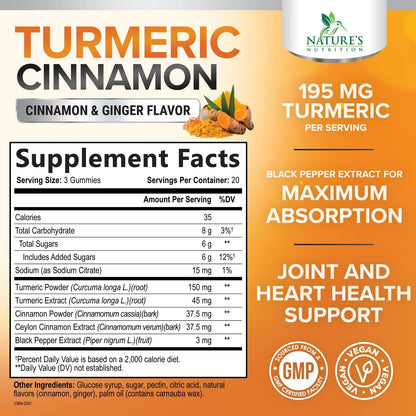 Turmeric Curcumin Supplement Gummies with Ginger & Cinnamon, 95% Curcuminoids Turmeric Curcumin Gummy with Black Pepper for Best Absorption, Nature'S Vegan Joint Support Tumeric, Non-Gmo, 60 Gummies