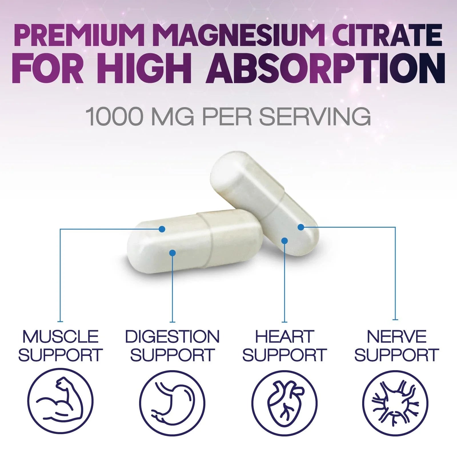 Magnesium Citrate Capsules 1000Mg, Max Absorption Magnesium Powder for Muscle, Nerve, Bone & Heart Health Support, High Absorption Citrate Complex, Gluten Free, Non-Gmo, 60 Capsules