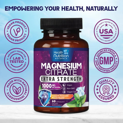 Magnesium Citrate Capsules 1000Mg, Max Absorption Magnesium Powder for Muscle, Nerve, Bone & Heart Health Support, High Absorption Citrate Complex, Gluten Free, Non-Gmo, 60 Capsules
