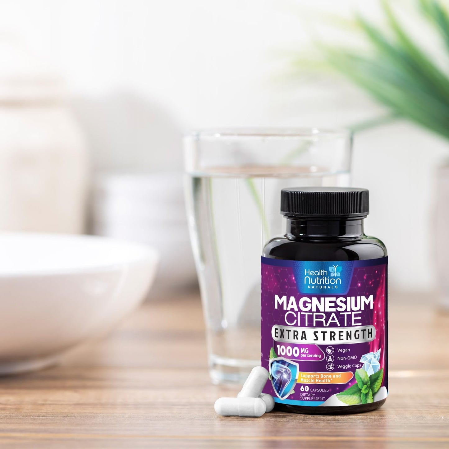 Magnesium Citrate Capsules 1000Mg, Max Absorption Magnesium Powder for Muscle, Nerve, Bone & Heart Health Support, High Absorption Citrate Complex, Gluten Free, Non-Gmo, 60 Capsules