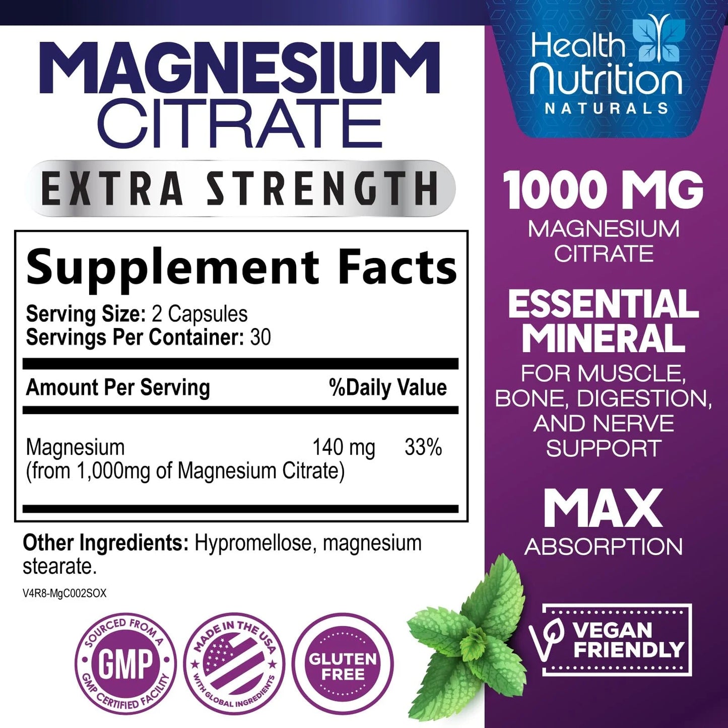 Magnesium Citrate Capsules 1000Mg, Max Absorption Magnesium Powder for Muscle, Nerve, Bone & Heart Health Support, High Absorption Citrate Complex, Gluten Free, Non-Gmo, 60 Capsules