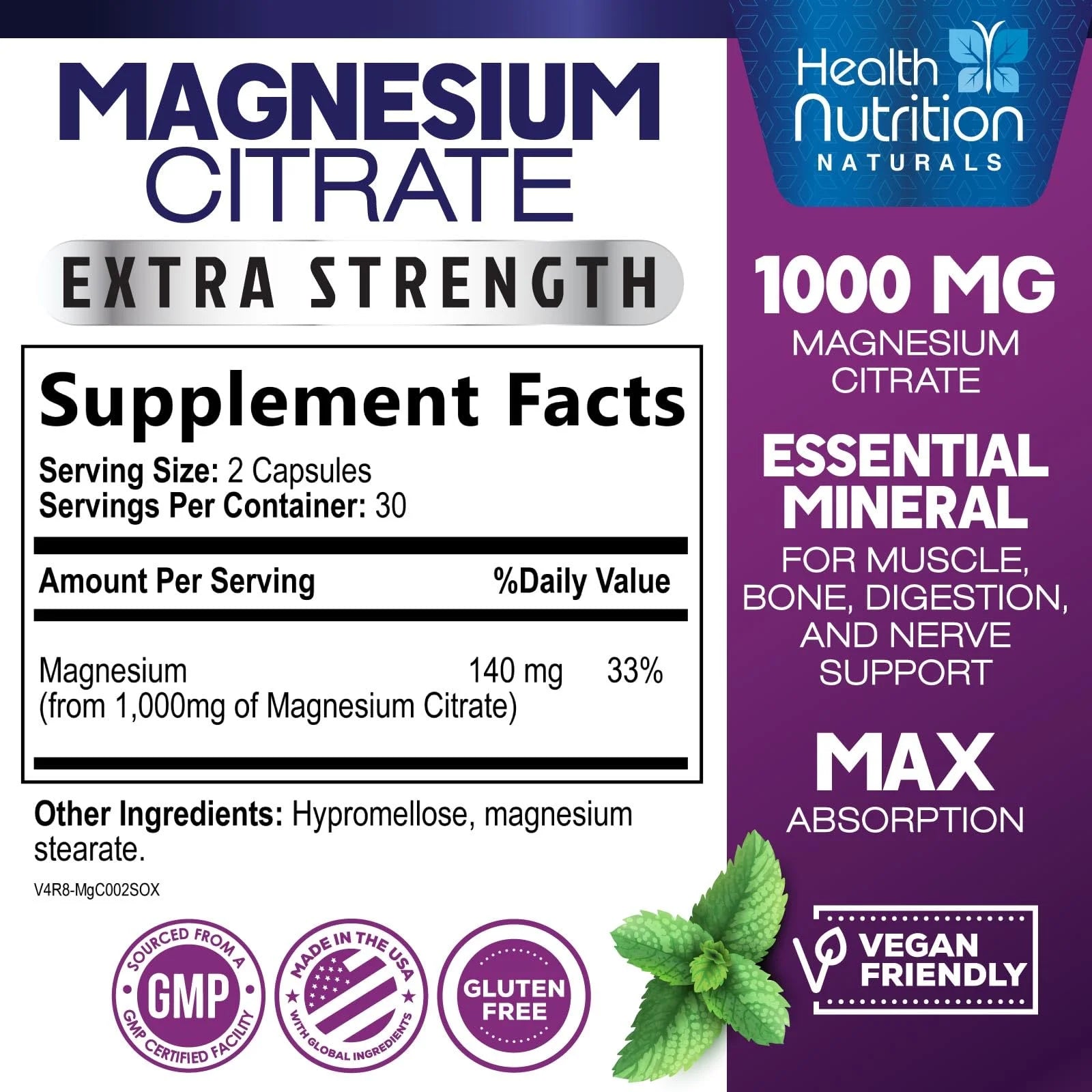 Magnesium Citrate Capsules 1000Mg, Max Absorption Magnesium Powder for Muscle, Nerve, Bone & Heart Health Support, High Absorption Citrate Complex, Gluten Free, Non-Gmo, 60 Capsules