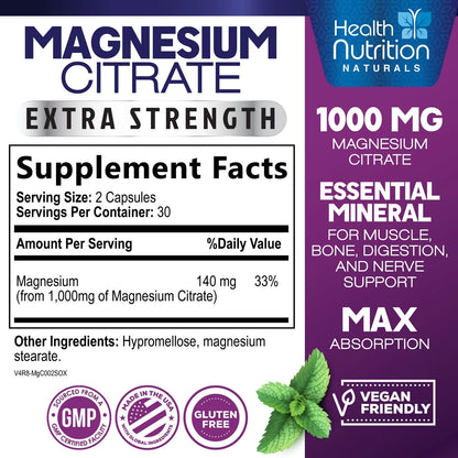 Magnesium Citrate Capsules 1000Mg, Max Absorption Magnesium Powder for Muscle, Nerve, Bone & Heart Health Support, High Absorption Citrate Complex, Gluten Free, Non-Gmo, 60 Capsules