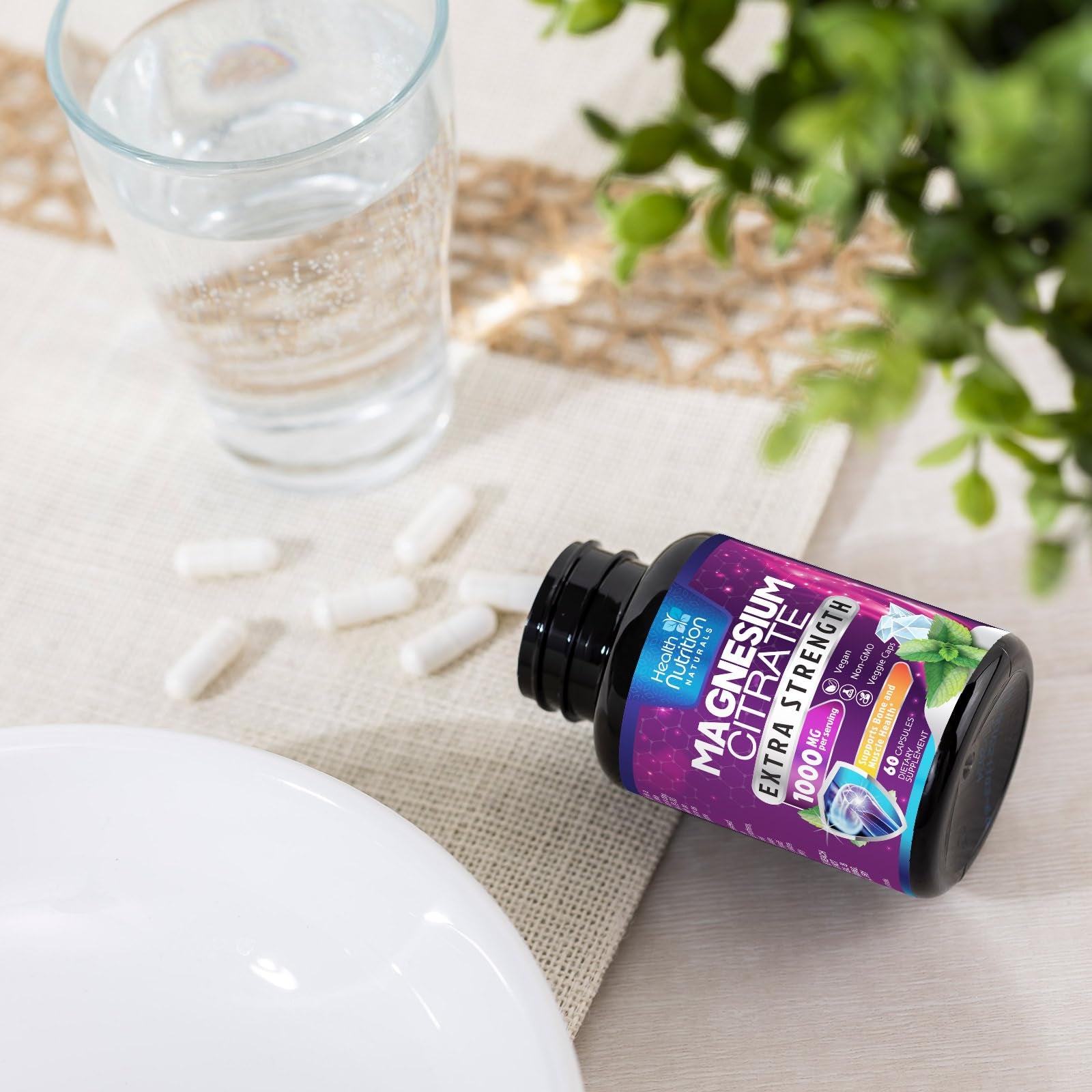Magnesium Citrate Capsules 1000Mg, Max Absorption Magnesium Powder for Muscle, Nerve, Bone & Heart Health Support, High Absorption Citrate Complex, Gluten Free, Non-Gmo, 60 Capsules