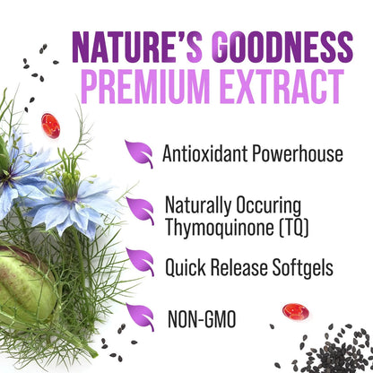 Black Seed Oil Capsules 1000Mg with Thymoquinone - Pure Nigella Sativa for Skin Health & Immune Support, 100% Blackseed Oil, Amazing Extraction above Cold Pressed Black Cumin Seed - 60 Softgels