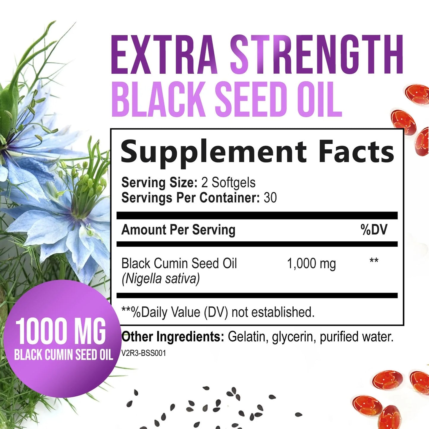 Black Seed Oil Capsules 1000Mg with Thymoquinone - Pure Nigella Sativa for Skin Health & Immune Support, 100% Blackseed Oil, Amazing Extraction above Cold Pressed Black Cumin Seed - 60 Softgels