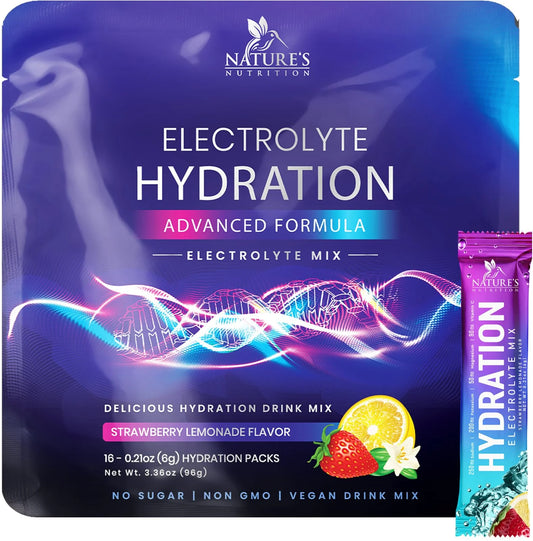 Hydration Electrolyte Packets, Daily Liquid Replenisher Powder, Electrolyte Multiplier with Minerals, Potassium & Real Salt, Vegan, Non-Gmo, Tasty Lemon Flavor Hydration Electrolytes, 16 Servings