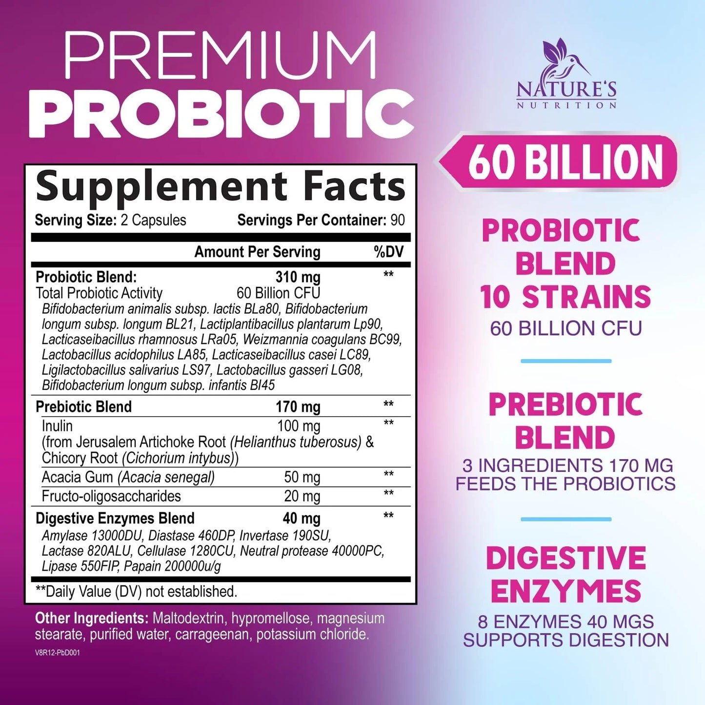 Probiotics 60 Billion CFU per Serving - 10 Strains + Prebiotics - Digestive Health, Gut & Immune Support - Supports Occasional Constipation, Gas & Bloating for Women & Men Shelf Stable - 180 Capsules