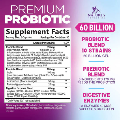 Probiotics 60 Billion CFU per Serving - 10 Strains + Prebiotics - Digestive Health, Gut & Immune Support - Supports Occasional Constipation, Gas & Bloating for Women & Men Shelf Stable - 180 Capsules