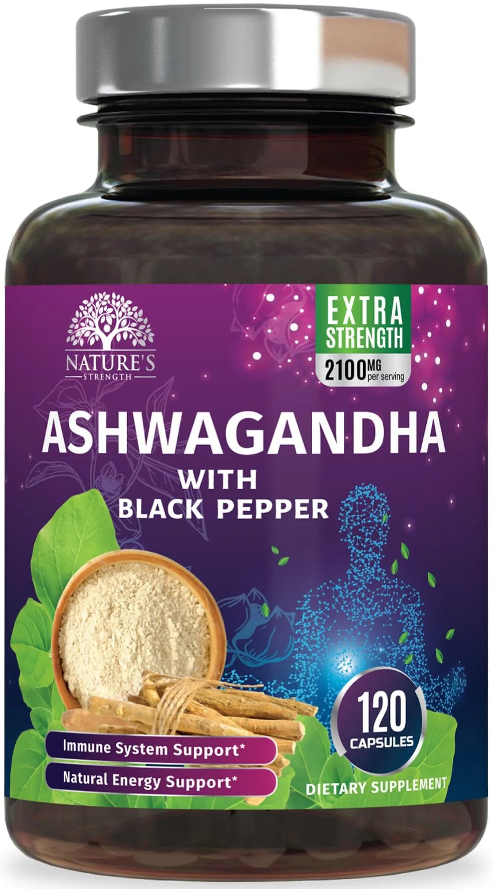 Organic Ashwagandha Extra Strength 1950 Mg - Ashwagandha Supplements for Women & Men, Antioxidant Support, Nature'S Vegan Ashwagandha Powder Organic, Non-Gmo & Gluten Free - 120 Capsules