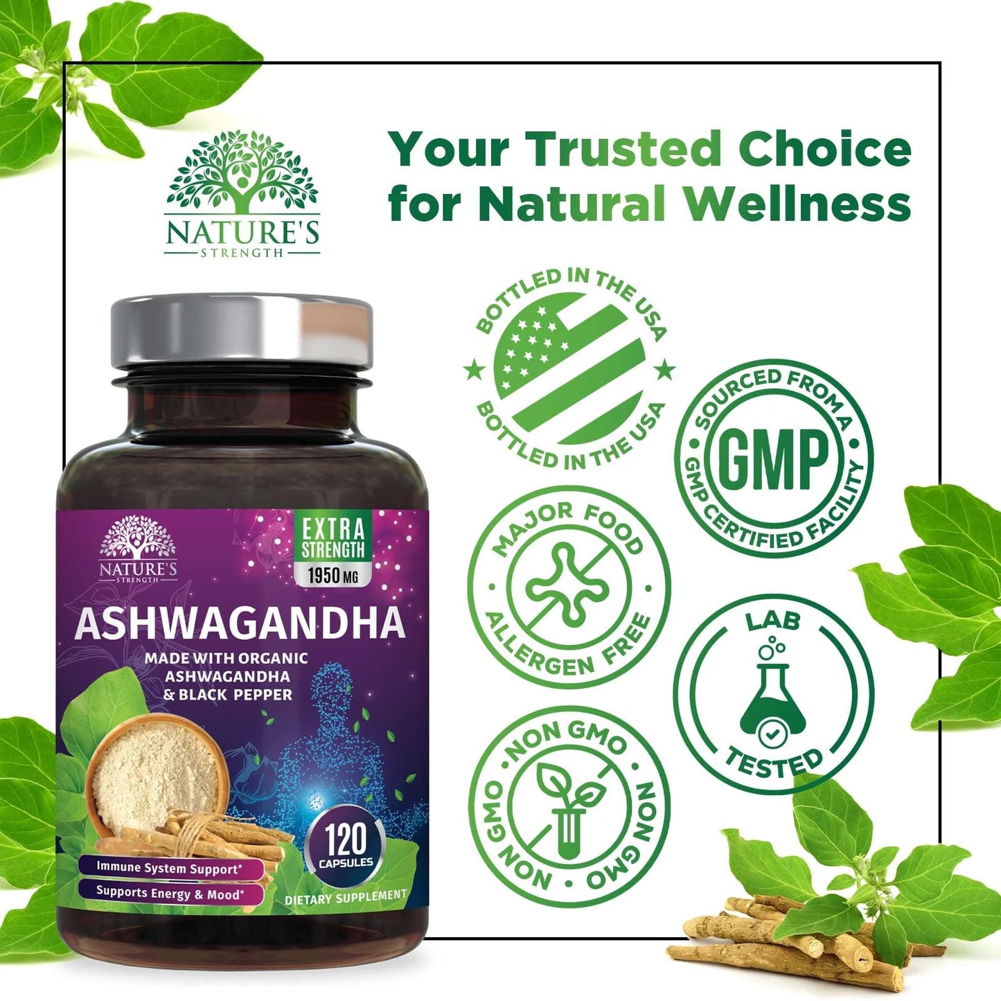 Organic Ashwagandha Extra Strength 1950 Mg - Ashwagandha Supplements for Women & Men, Antioxidant Support, Nature'S Vegan Ashwagandha Powder Organic, Non-Gmo & Gluten Free - 120 Capsules
