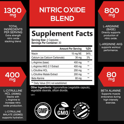 Extra Strength Nitric Oxide Supplement 3X Strength L Arginine, Citrulline Malate, AAKG, Beta Alanine - Premium Muscle Supporting Nitric Booster - Natural Energy & Heart Health Support - 60 Capsules
