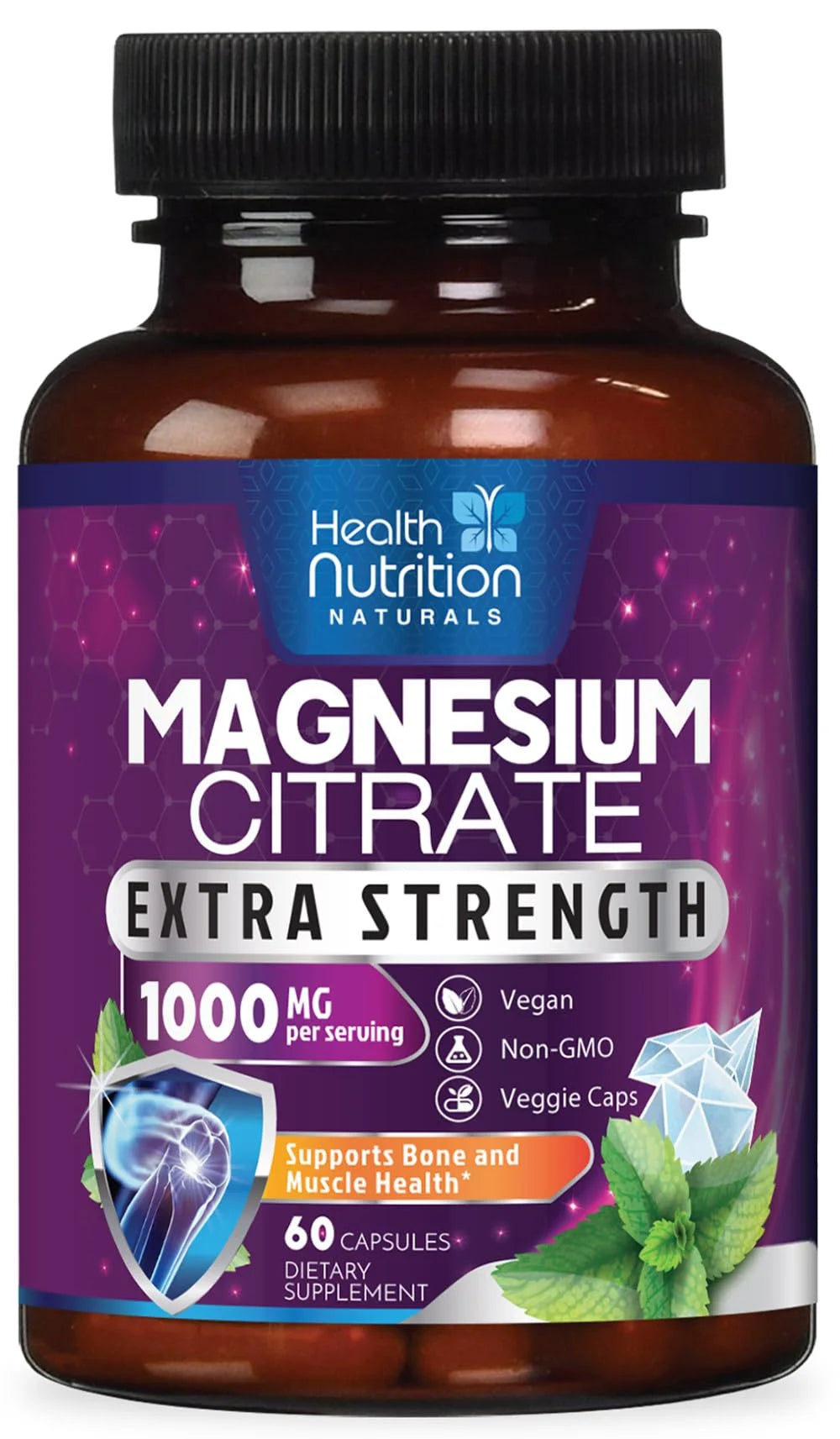 Magnesium Citrate Capsules 1000Mg, Max Absorption Magnesium Powder for Muscle, Nerve, Bone & Heart Health Support, High Absorption Citrate Complex, Gluten Free, Non-Gmo, 60 Capsules