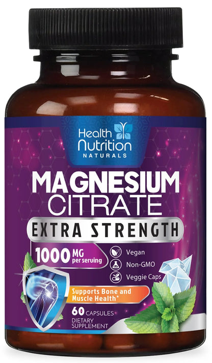 Magnesium Citrate Capsules 1000Mg, Max Absorption Magnesium Powder for Muscle, Nerve, Bone & Heart Health Support, High Absorption Citrate Complex, Gluten Free, Non-Gmo, 60 Capsules