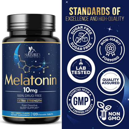 Melatonin 10 Mg Fast Dissolve, Melatonin Supplements for Restful Sleep, Natural Sleep Support Supplement for Adults, Extra Strength Strawberry-Flavored Tablets, Sugar Free, 120 Tablets 120 Day Supply