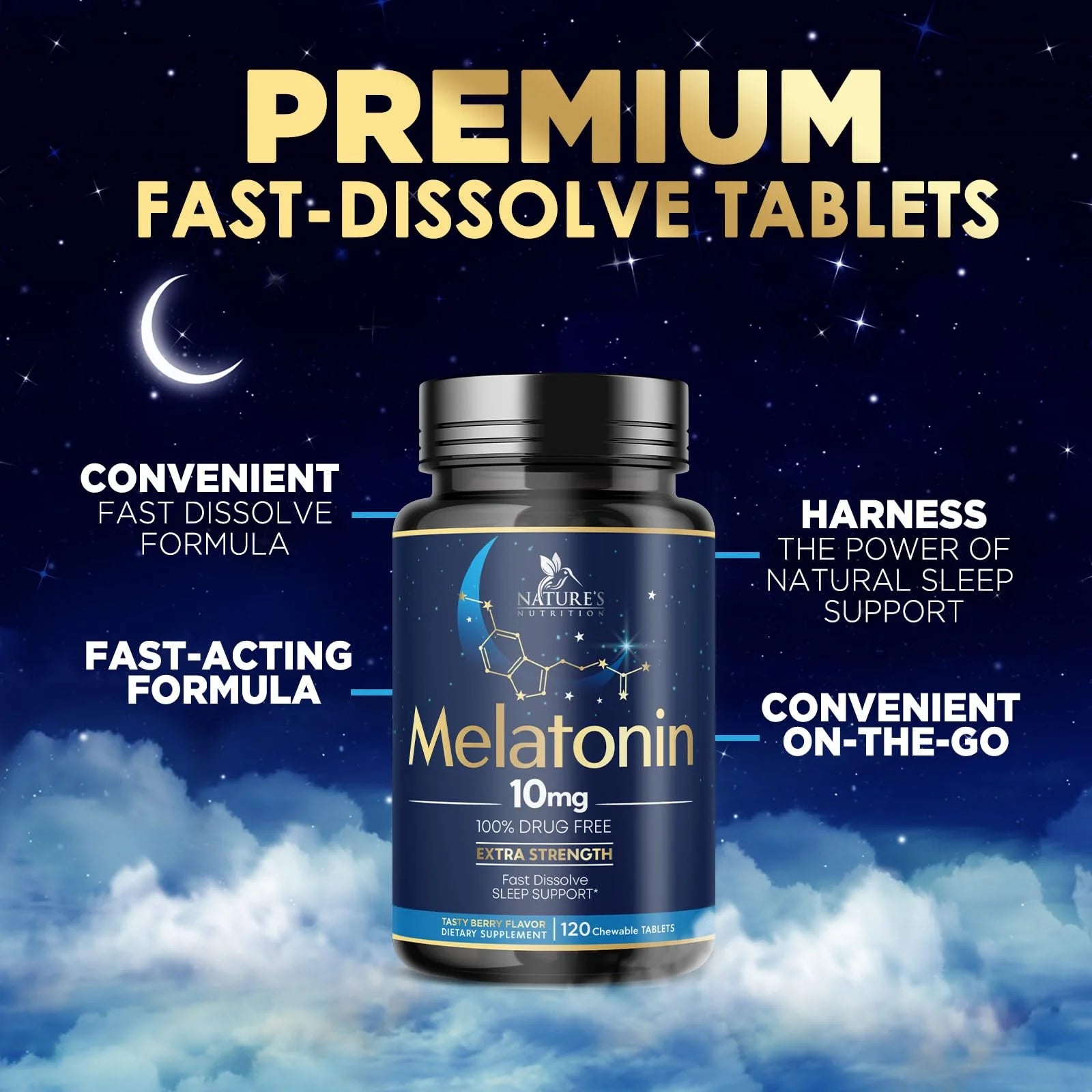 Melatonin 10 Mg Fast Dissolve, Melatonin Supplements for Restful Sleep, Natural Sleep Support Supplement for Adults, Extra Strength Strawberry-Flavored Tablets, Sugar Free, 120 Tablets 120 Day Supply