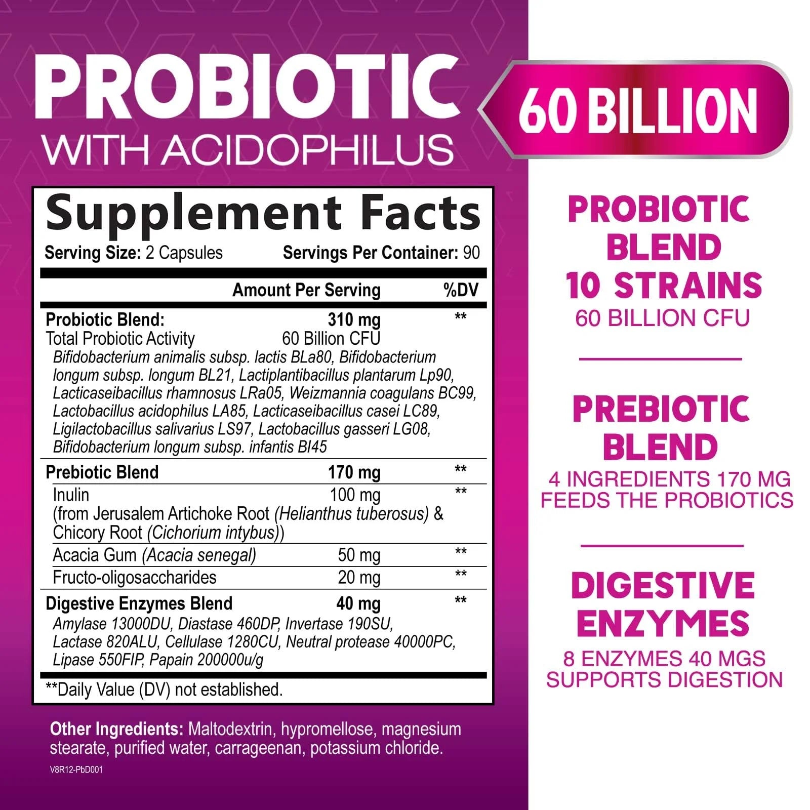 Probiotics 60 Billion CFU per Serving - 10 Strains + Prebiotics - Digestive Health, Gut & Immune Support - Supports Occasional Constipation, Gas & Bloating for Women & Men Shelf Stable - 180 Capsules