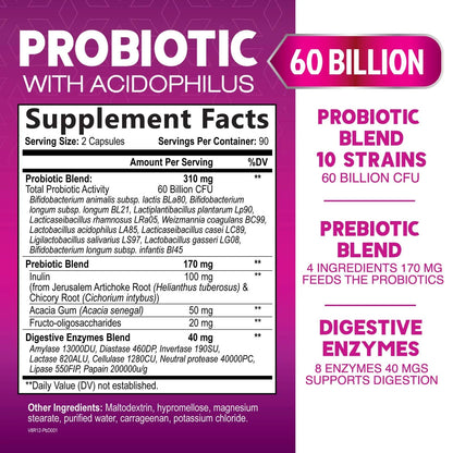 Probiotics 60 Billion CFU per Serving - 10 Strains + Prebiotics - Digestive Health, Gut & Immune Support - Supports Occasional Constipation, Gas & Bloating for Women & Men Shelf Stable - 180 Capsules